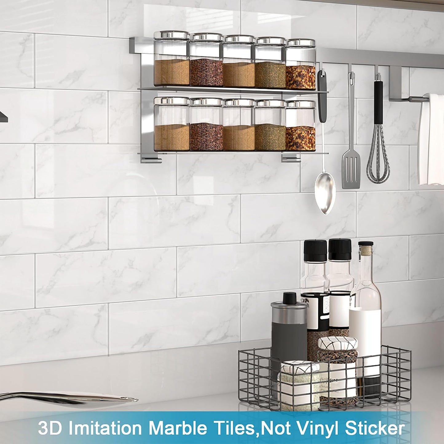 BeNice Peel and Stick Backsplash for Kitchen Tile,Peel and Stick Tiles for Walls Tile Stickers Waterproof Marble Tile Backsplash 3.85"x11.73"(16Tiles) White Gray