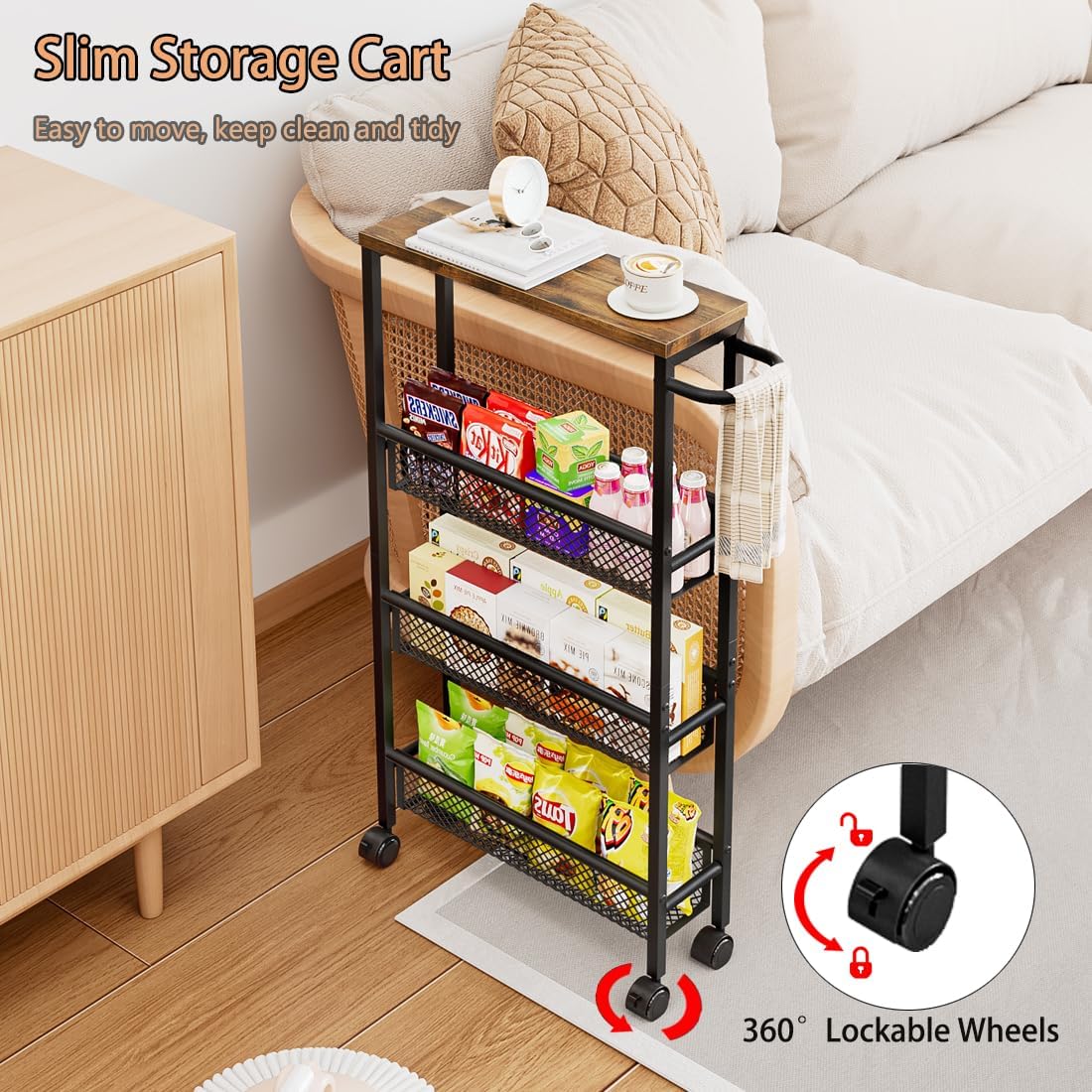 AZERPIAN Slim Rolling Cart 4 Tier Narrow Storage Cart on Wheels with MDF Board Top and Metal Handle for Small Space Kitchen Living Room Home Office Pantry Bathroom Laundry Room(16.54×5.12×30.31 inch)