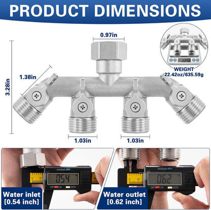4 Way Garden Hose Splitter, 304 Stainless Steel Outdoor Faucet Splitter with 4 Individual Shut Off Valves, 3/4" GHT High Flow Hose Bib Spigot Connector