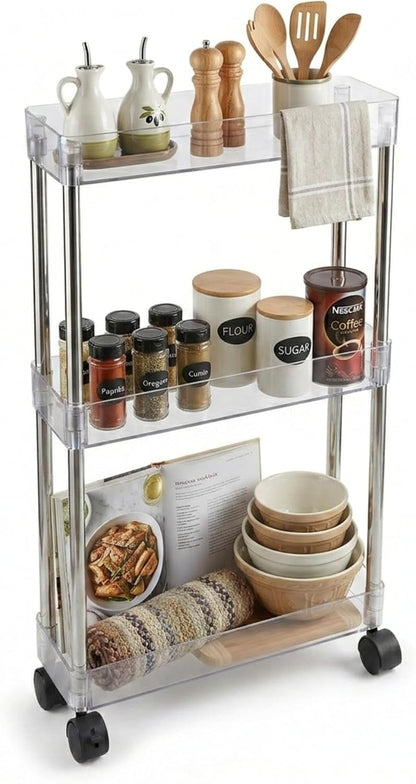 American Dream Home Chrome/Clear Acrylic Slim 3-Tier Rolling Cart Portable Narrow Storage Trolley with Wheels, Transparent Shelves for Bathroom, Kitchen, Office & Small Spaces