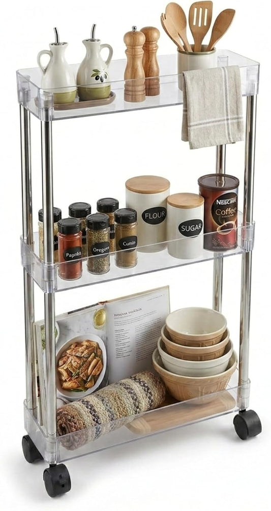 American Dream Home Chrome/Clear Acrylic Slim 3-Tier Rolling Cart Portable Narrow Storage Trolley with Wheels, Transparent Shelves for Bathroom, Kitchen, Office & Small Spaces