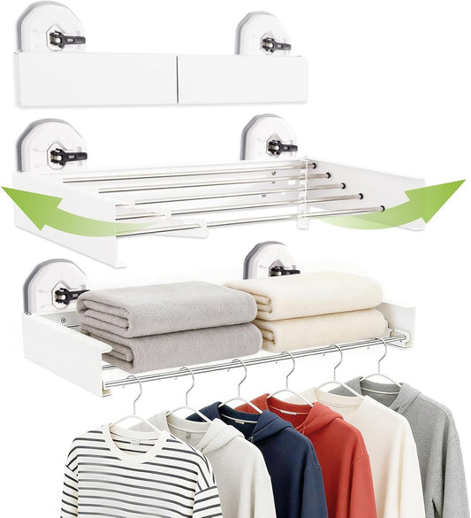 Drill-Free Foldable Wall Mounted Clothes Drying Rack for Laundry, 25 Inches | Retracble Drying Rack With 5 Steel Panels & Suction Cup, Space Saving Drying Rack For Apartment, RVs, Bathroom