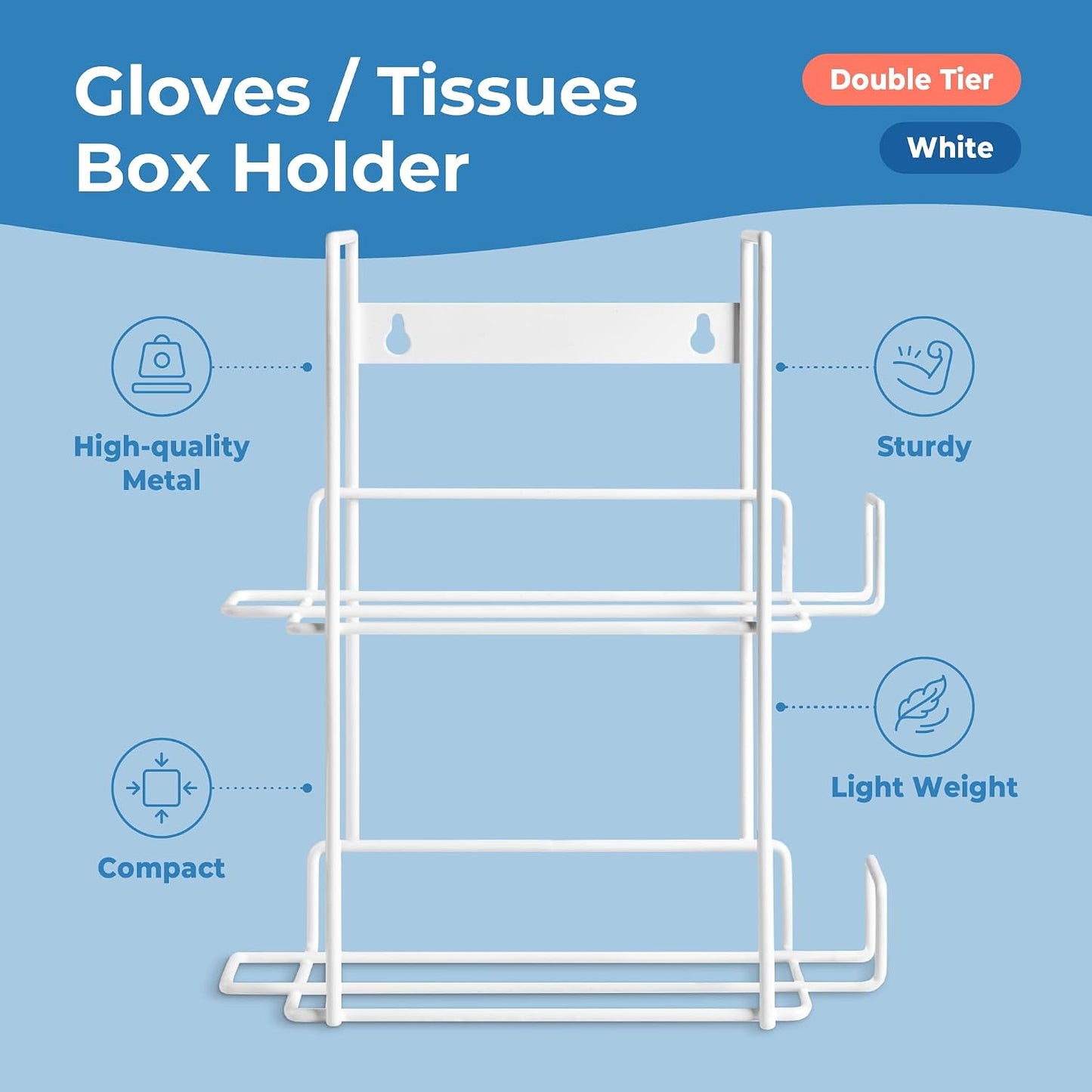 FMP Brands Single Glove Holder for Wall Mount, Wire Rack Disposable Napkin Gloves Box Holder, White Durable Metal Organizer Dispenser for Food Service, Lab, Office, Home, and Garage