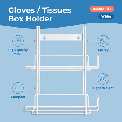 FMP Brands Single Glove Holder for Wall Mount, Wire Rack Disposable Napkin Gloves Box Holder, White Durable Metal Organizer Dispenser for Food Service, Lab, Office, Home, and Garage