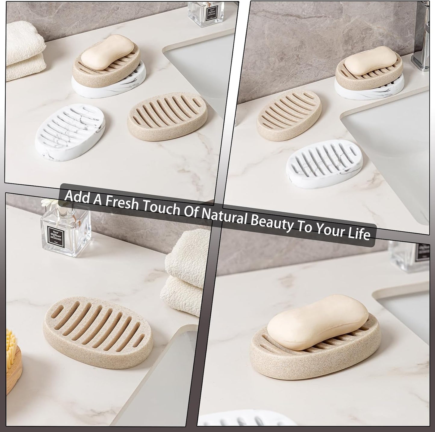Soap Dish, Bar Soap Holder, Travertine Stone Look, Off White | Self Draining,Sponge Holders Tray for Shower,for Dispenser,Scrubber,Bottle,Cup on Bathroom Kitchen Bathtub Sink or Counter