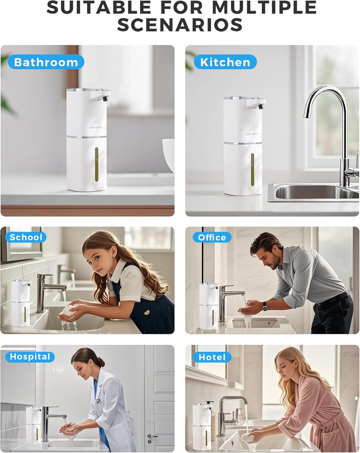 2 Pack Automatic Foaming Soap Dispenser, 13.5oz/400mL, USB Rechargeable,9- Adjustable Foam Levels, IPX5 Waterproof, Touchless & Wall/Tabletop Use for Kitchen Bathroom, Black