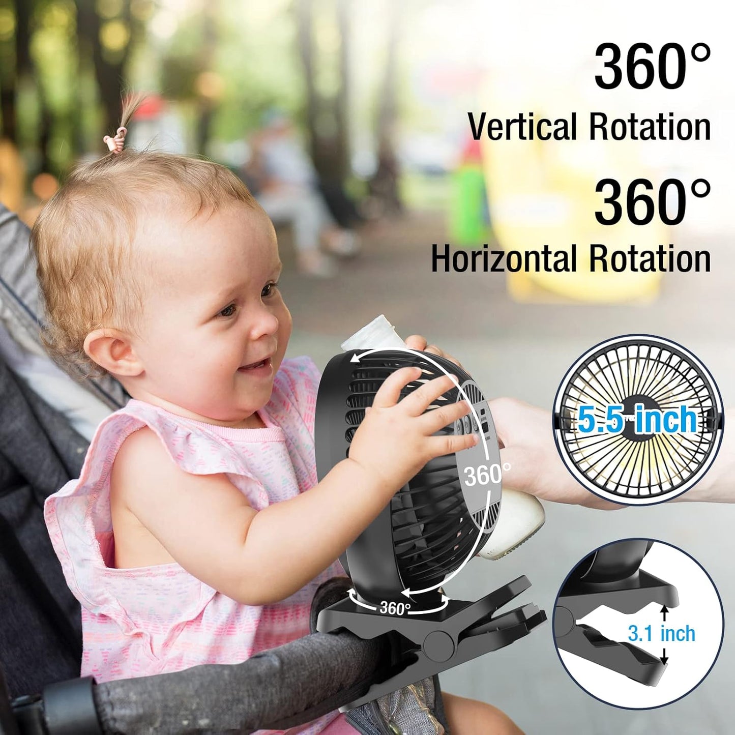 Clip on Fan 65 Hours Portable Desk Fan Rechargeable with LED Lights & Hooks 12000 Capacity Battery Operated Fan with Clips Small Desk Fan Mini Fans for Tents Travel Outdoor Camping Golf Cart Stroller