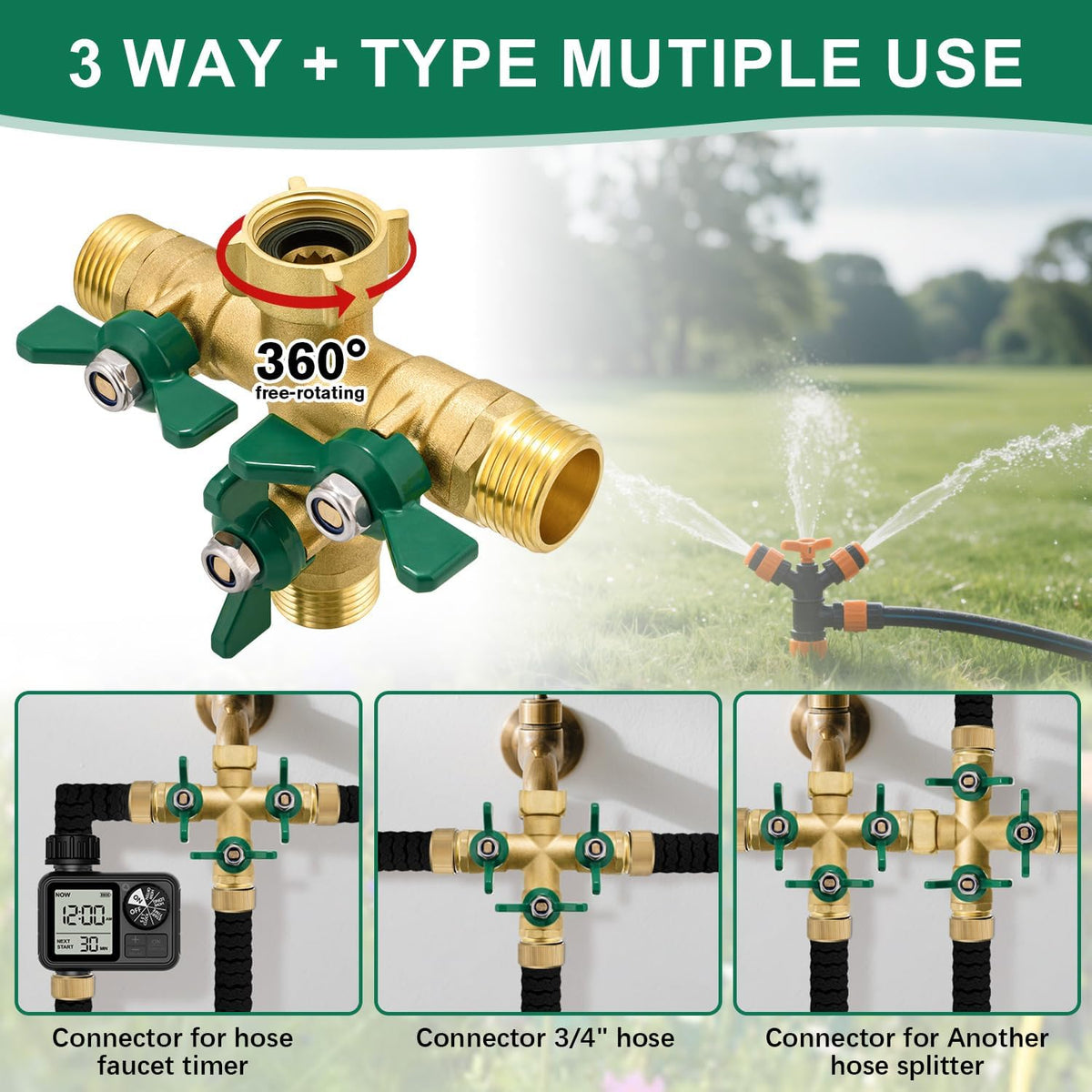 Garden Hose Splitter 2 Way, Heavy Duty Brass Hose Splitter, 3/4" GHT Hose Y Splitter with Shutoff, Full Flow Outdoor Faucet Splitter, Water Hose Y Valve Tap Adapter
