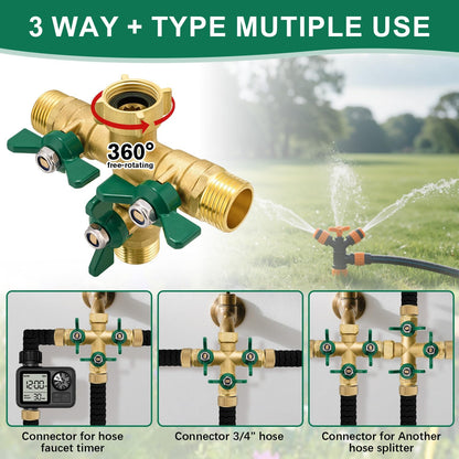 Garden Hose Splitter 2 Way, Heavy Duty Brass Hose Splitter, 3/4" GHT Hose Y Splitter with Shutoff, Full Flow Outdoor Faucet Splitter, Water Hose Y Valve Tap Adapter