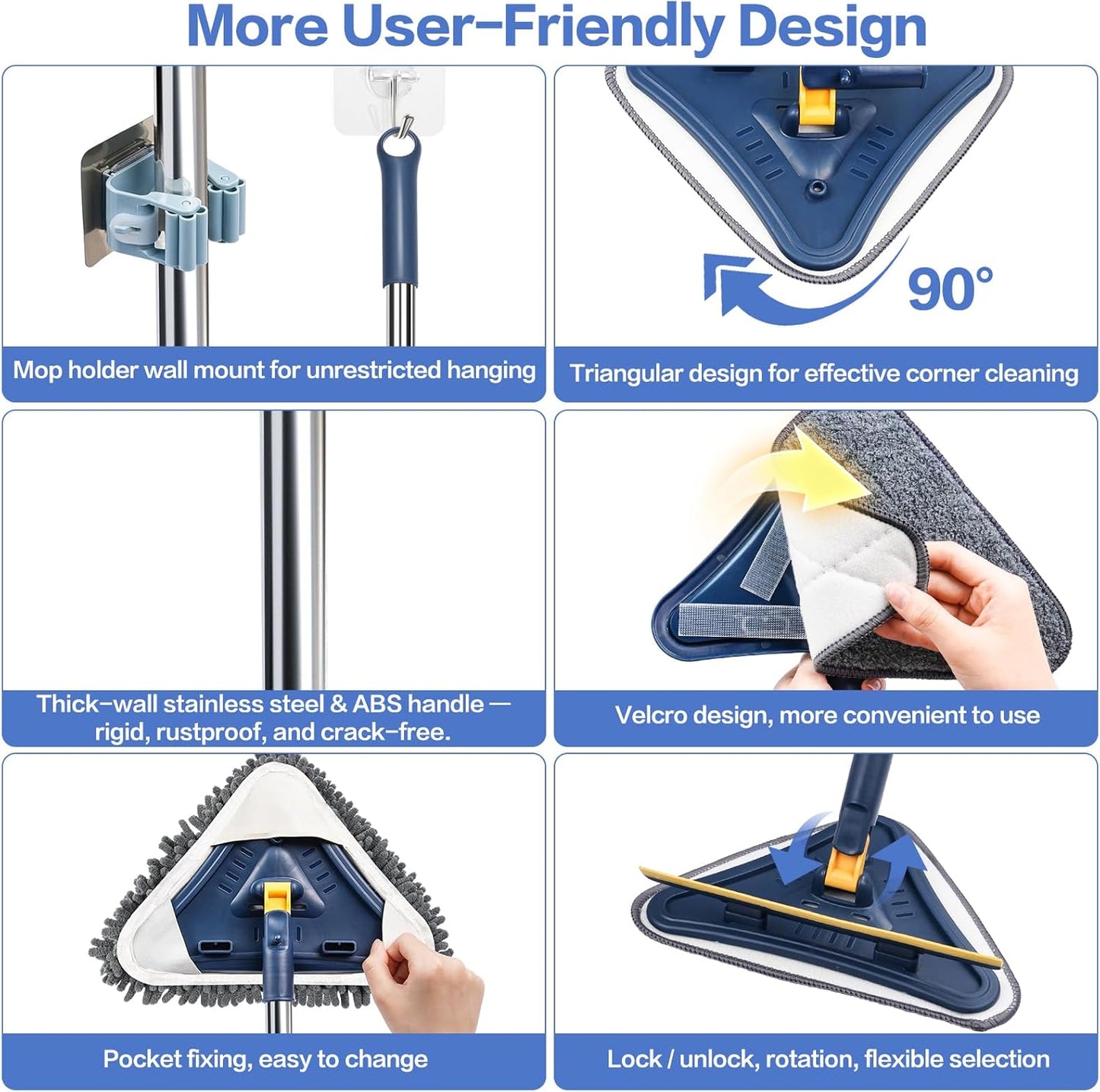 80" Wall Cleaner Mop with Long Handle, Sunoyar 360° Triangle Wall Washer Cleaner Tool for Ceiling Painted Wall Fan Baseboard,Wall Dusters Kit with Chenille Microfiber Pad Brush Scraper 5-in-1 Durable