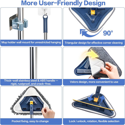 80" Wall Cleaner Mop with Long Handle, Sunoyar 360° Triangle Wall Washer Cleaner Tool for Ceiling Painted Wall Fan Baseboard,Wall Dusters Kit with Chenille Microfiber Pad Brush Scraper 5-in-1 Durable