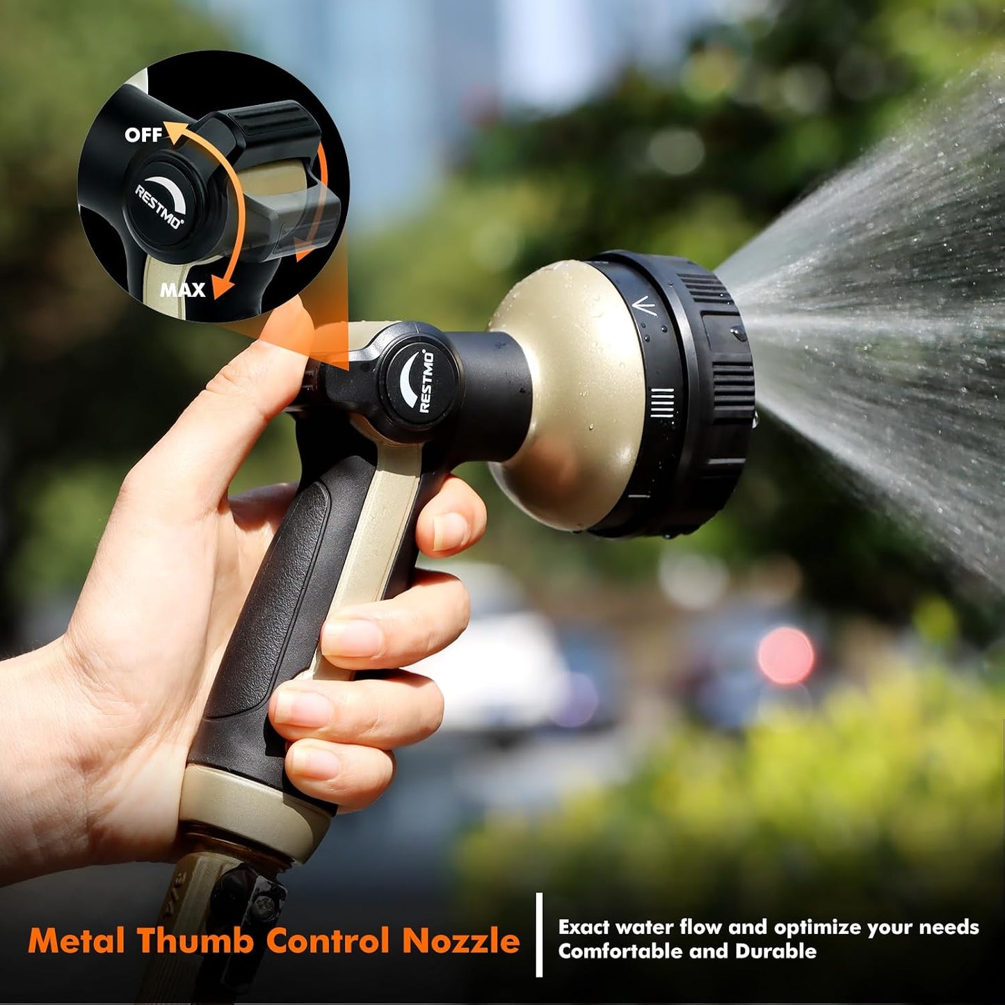 RESTMO Garden Hose Nozzle Heavy Duty, Metal Sprayer Nozzle Thumb Control | 8 Spray Patterns Full Shower Water Hose nozzle for Garden Hose, Ideal for Lawn & Plant Watering, Car & Pet Washing, Bronze