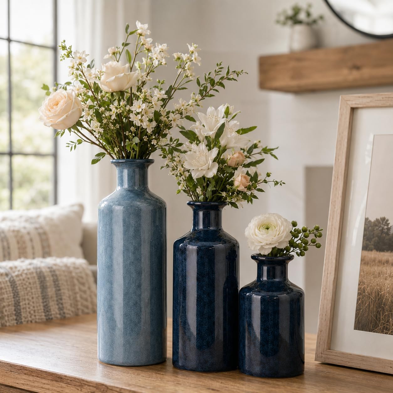 Blue Ceramic Vase Set of 3, Small Vases for Table Decor | Bring farmhouse charm to tables, shelves, mantels, entryways, living rooms, bedrooms and offices.