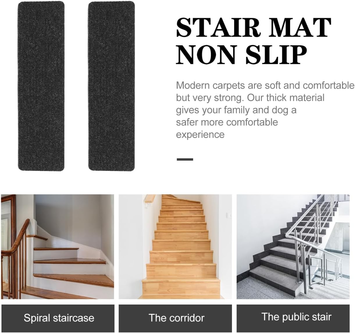 Homoyoyo 2Pcs Garage Stair Treads: Stair Treads Collection Indoor Skid Slip Resistant Skid Resistant Carpet Glue-Free Self-Adhesive Anti-Slip Mats Double Stripes for Repeated Use (Black,29X8X0.2inch)