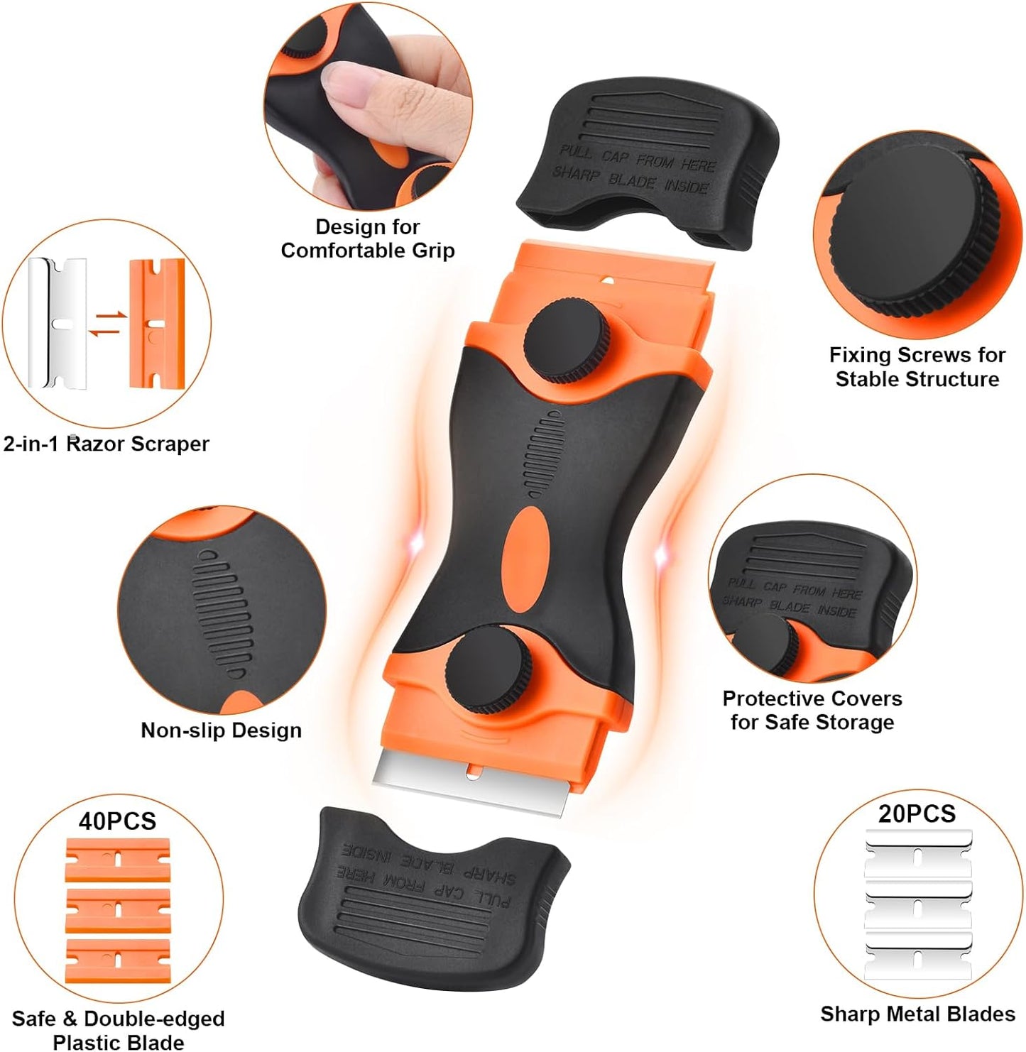 2 Pack Razor Blade Scraper Tool, 2-in-1 Razor Scraper With 60 Pcs Razor Blades 20 Pcs Metal and 40 Pcs Plastic Razor Blades, Cleaning Scraper Tool, Cooktop, Paint, Glass Scraper, Decal, Sticker, Label
