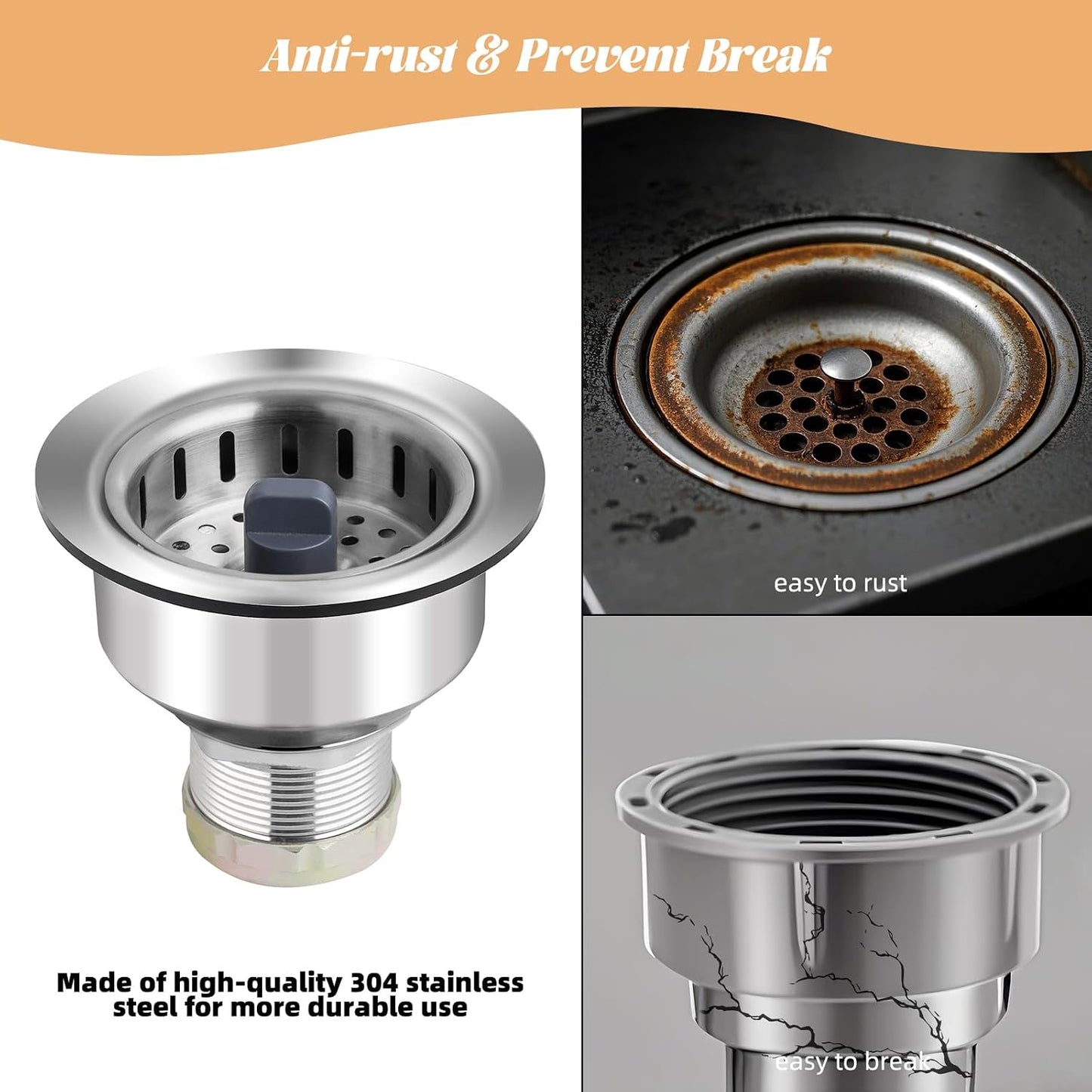 All Metal Sink Drain Strainer for Kitchen Sink, Universal Fit | Pop Up 3-in-1 Sink Stopper Drainer, 304 Stainless Steel Basket for US Standard 3-1/2 inch Drain Filter, Anti-clog