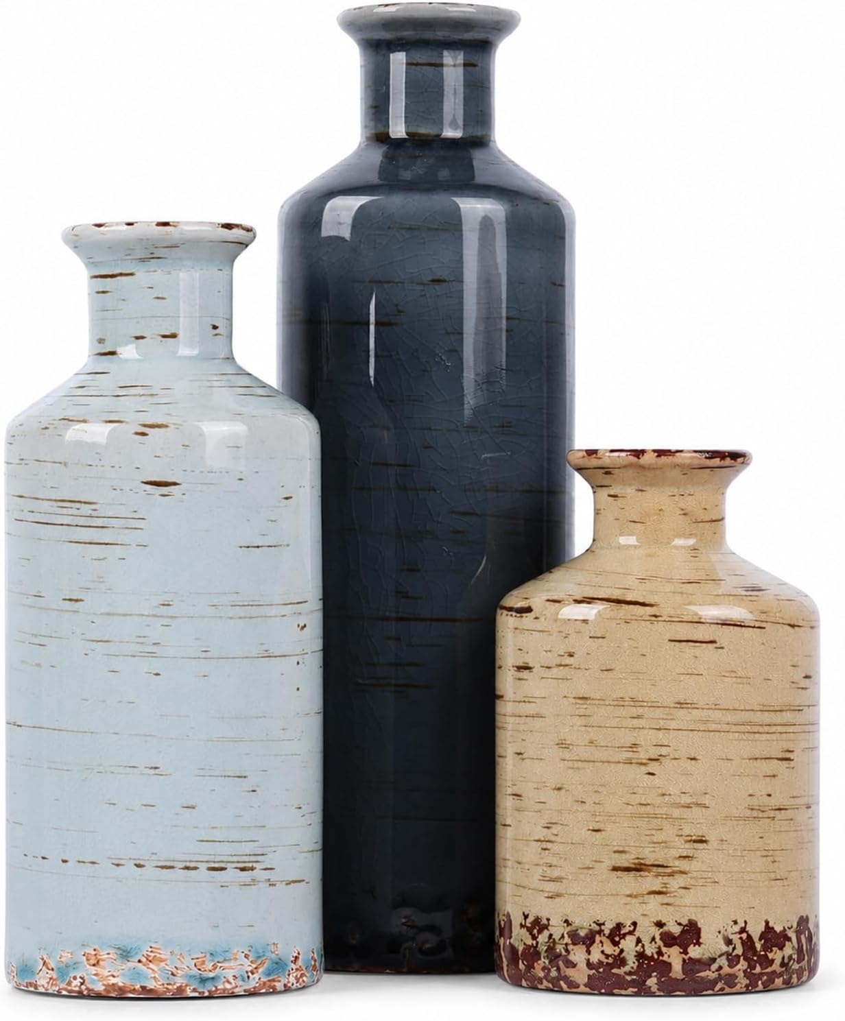 Ceramic Vase Set of 3 – Small Flower Vases, Modern Farmhouse Boho Flower Vases for Home Decor, Rustic Pottery Vases for Centerpieces, Living Room, Shelf, Fireplace, Entryway Decor, Table or Cabinet