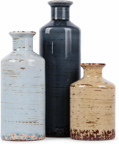 Ceramic Vase Set of 3 – Small Flower Vases, Modern Farmhouse Boho Flower Vases for Home Decor, Rustic Pottery Vases for Centerpieces, Living Room, Shelf, Fireplace, Entryway Decor, Table or Cabinet