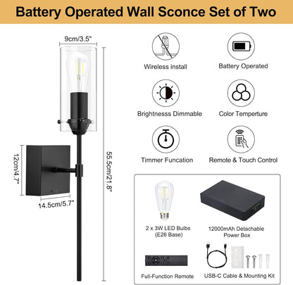 Battery Operated Wall Sconce, Glass Wireless Wall Sconces Set of Two Rechargeable with Remote Control Dimmable Wall Light for Bedroom Living Room Hallway Entryway, 3000-6500K