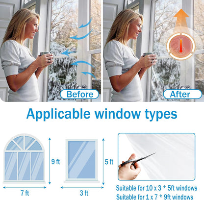 Window Insulation Kit, 63 × 394 Inch Plastic Window Covering for Winter, Window Insulation Film Window Wrap Insulation Windows Winterizing Kit with Double-Sided Tape for 10 Pcs 3 x 5 Ft Windows