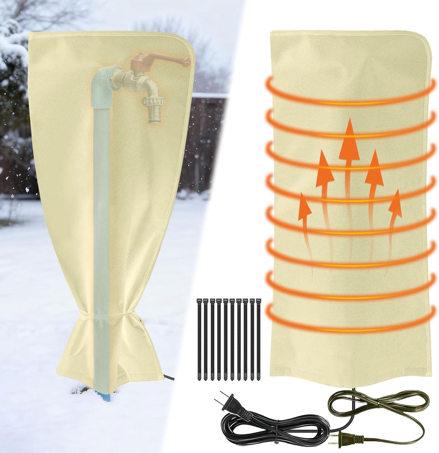 Heated Outdoor Faucet Covers for Winter Freeze Protection, 25.6" x 13.8" Outdoor Faucet Heating Cover, Reusable Waterproof Spigot Cover Winter Insulated Long Faucets Sock for Outside Faucet Hydrant