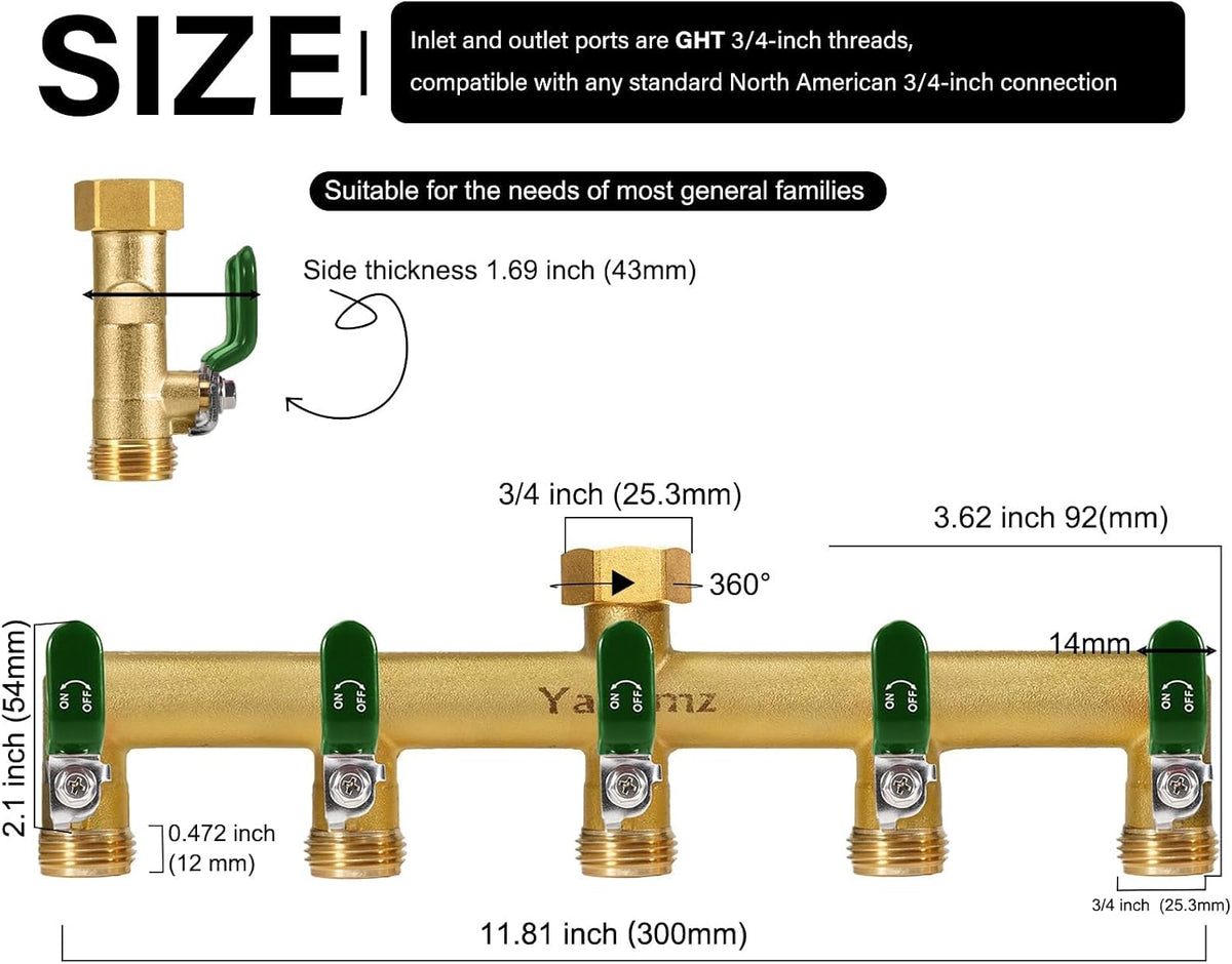 Garden Hose Splitter, 3/4” Rust and Freeze Resistant Outdoor Hose Manifold with 2 Green Extra Long Handles Faucet Adapter-Heavy Duty Brass 2-Way Valve