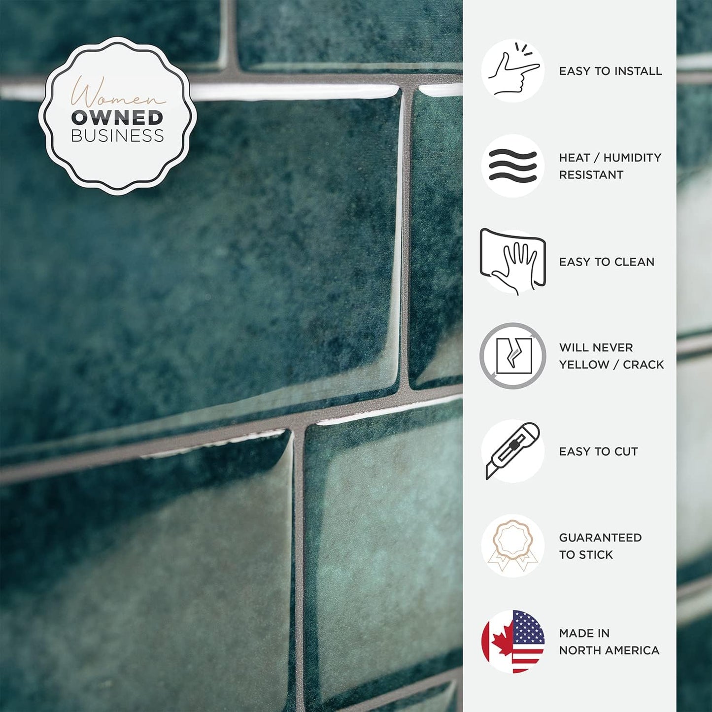 Smart Tiles Peel and Stick backsplash, Subway Teal Green, 11.55"x8.38" | Pack of 5 (2.8 sq ft), Glossy, Heat/Moisture Resistant, Low VOC, Kitchen/Bathroom, Renter Friendly, Made in Canada