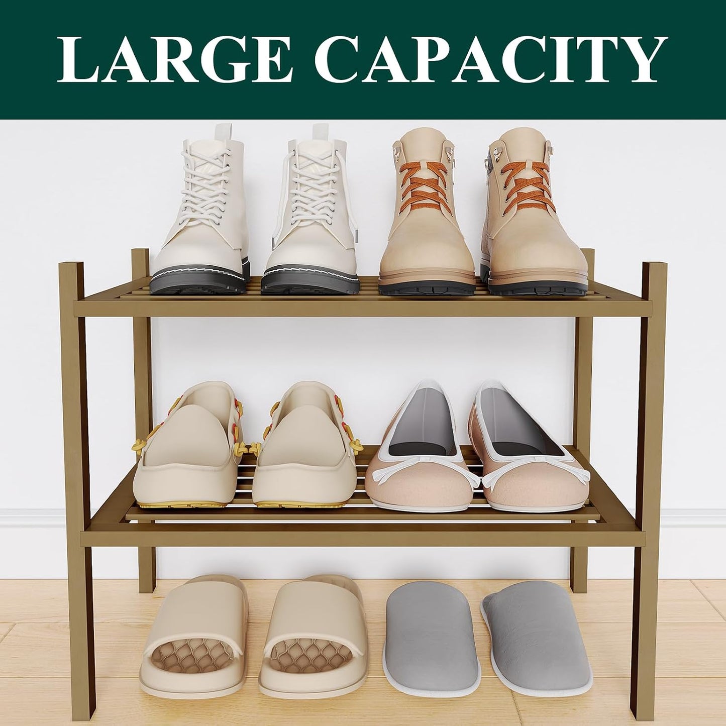 Smiry Bamboo Shoe Rack, 3 Tier Free Standing Wooden Shoe Organizer, Stackable Wood Shoe Storage Shelf for Closet, Entryway, 5 Horizontal Slats, 26.8"x11"x18.3", Natural