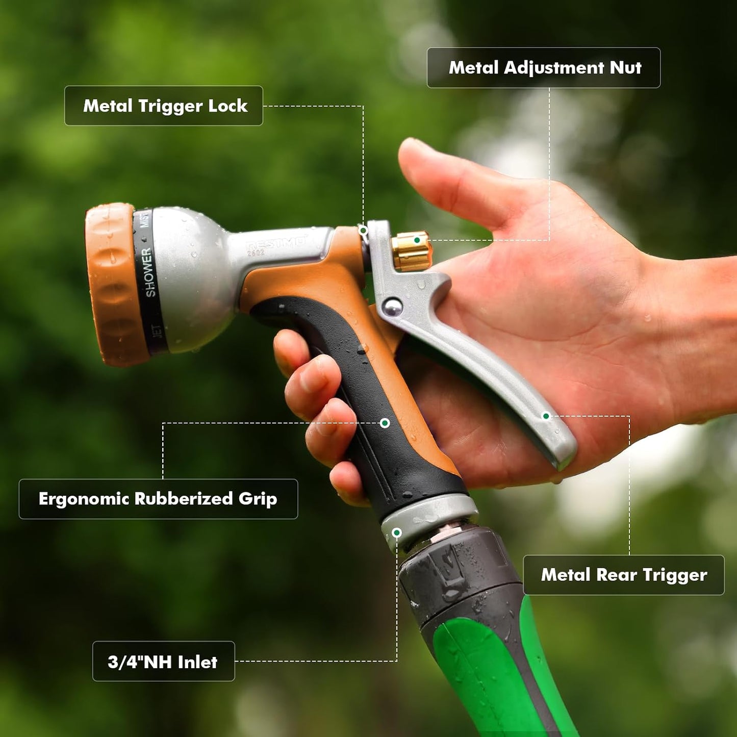 RESTMO Garden Hose Nozzle Heavy Duty, Leak-proof Water Hose Sprayer | 7 Adjustable Spray Patterns, Durable Metal, Flow Control, Ideal for Plants & Lawns Watering, Cars & Pets Washing, Green