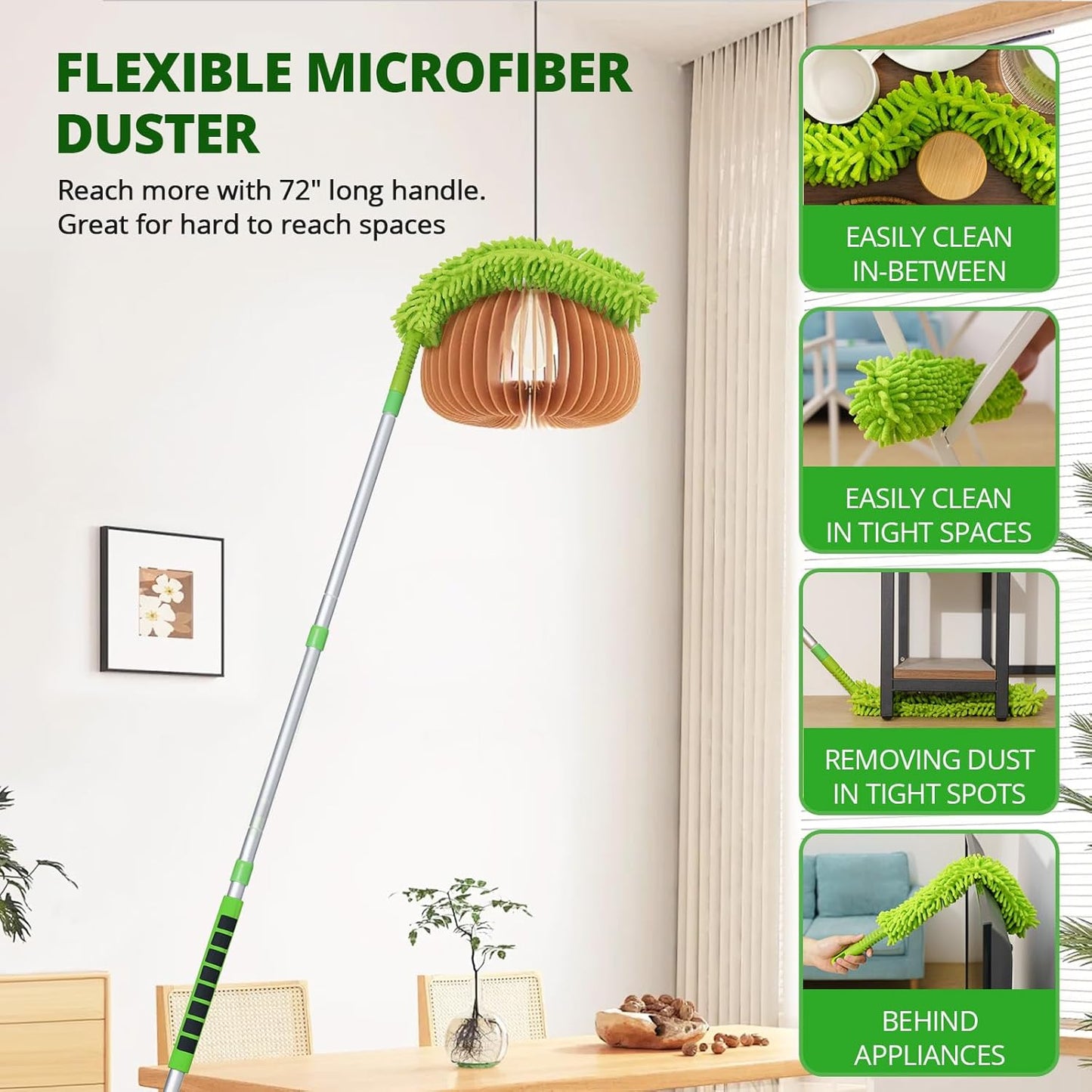 Ceiling Fan Cleaner Duster with 6 Ft/72'' Extension Pole High Ceiling Fan Blade Cleaning Tool Microfiber Duster Reusable Pads for Cleaning Ceiling Fan, Baseboard, Blind, Cobweb, Molding