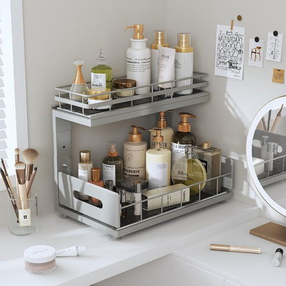 Under Sink Organizer Upgrade To Professional Rails,2-Tier Dual Pull Out Cabinet Storage,Height Adjustable Slide Out Drawers For Bathroom Kitchen,2 Pack-14.5" Dx12.8-16.9" H,White