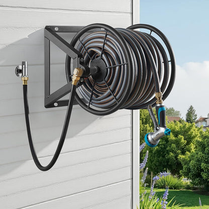 VEVOR Wall Mounted Garden Hose Reel, Holds 125 ft 5/8-inch Hose, Heavy-Duty Water Hose Winder, Space-Saving Design, Outdoor Manual Reel with Brass Fitting and Storage Basket for Yard Lawn