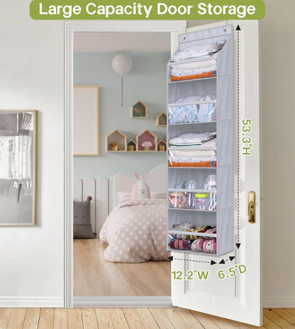 AOODA 2 Pack Over the Door Organizer, Large Capacity Closet Door Hanging Organizer, Clear Deep Pockets Baby Organizer Storage for Nursery, Bathroom, Bedroom, Pantry, Diapers (Grey)