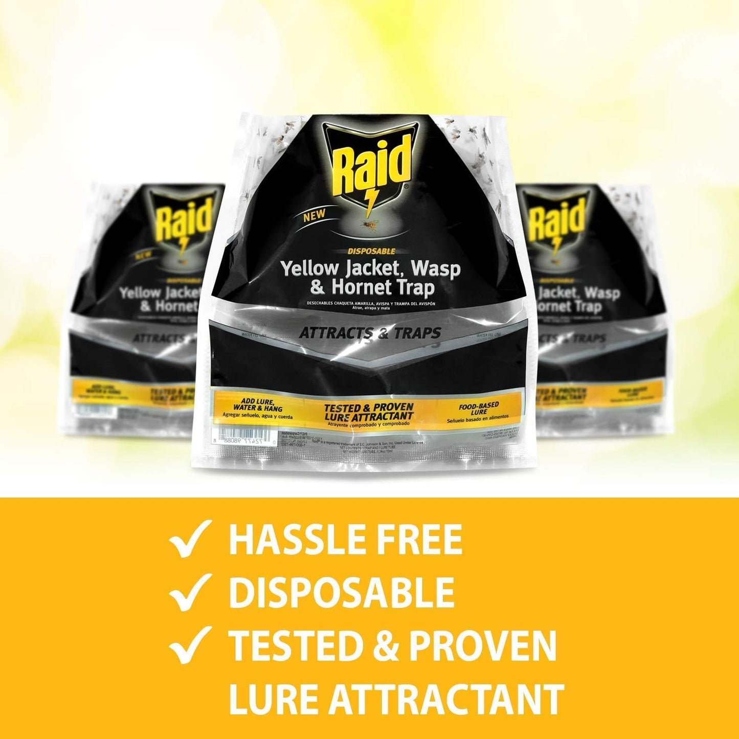 Raid Yellow Jacket, Wasp & Hornet Trap, 6 Pack, Disposable, Convenient, Hanging Fly Trap Bags with Food-Based Lure, No-Spray Outdoor Fly Traps Suitable Defense for Yards, Patios & Campsites