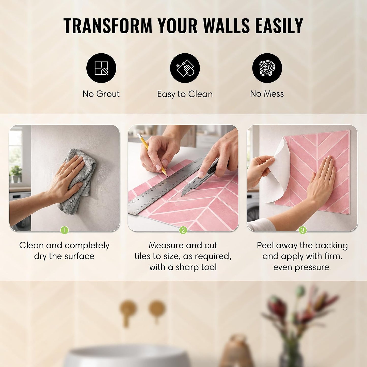 Peel and Stick Subway Backsplash Tiles, 5 Pack, 12 x 12 in, Almond | extra thick 3D wall panels, heat and water resistant wall panels, easy DIY kitchen, bathroom, laundry, fireplace wall décor