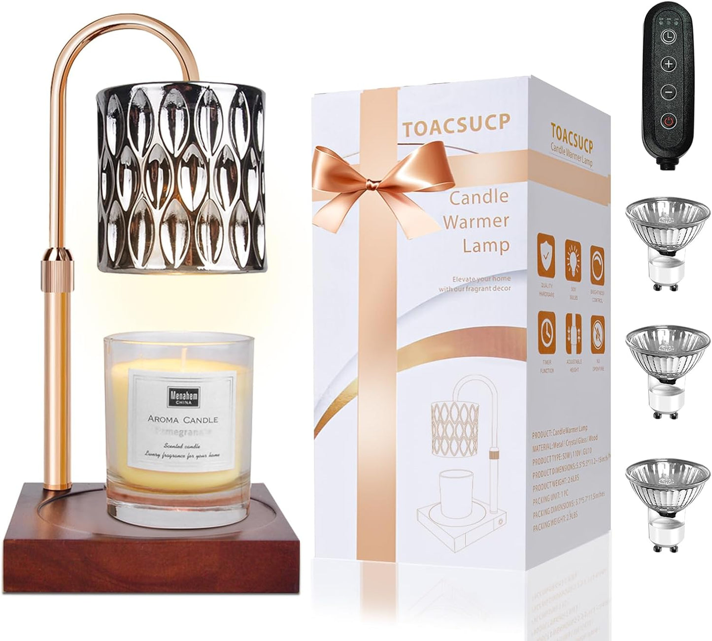 Candle Warmer Lamp with 3 Bulbs, Adjustable Height Dimmable Candle Warmer with Timer, Candle Lamp with Charming Gift Box Ribbon,Birthday Gifts for Women Mom, House Warming Gifts New Home Decor