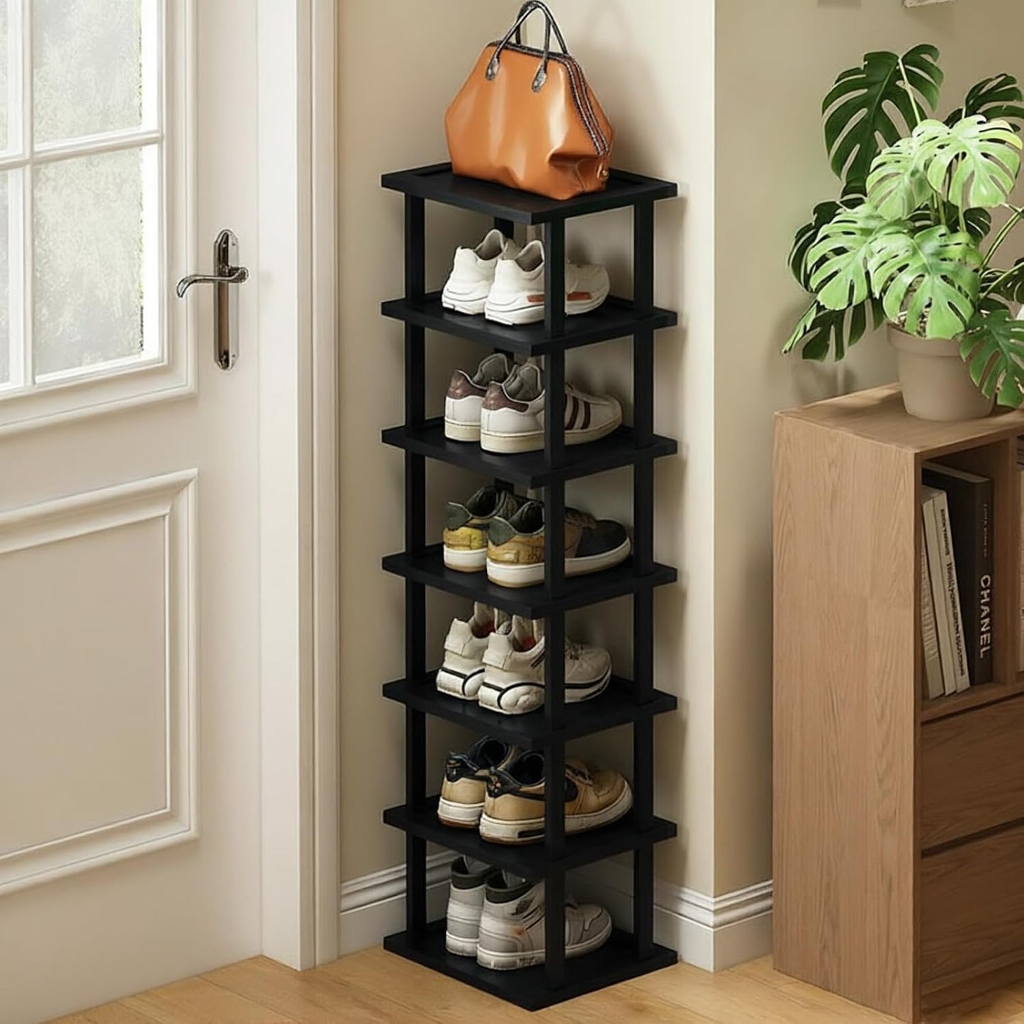 Vertical Shoe Rack - Tall Narrow Shoe Rack Organizer for Small Spaces,5 Tier Bamboo Shoen Shelf for Entryway,Closet,Corner,Doorway,Skinny Shoe Shelf Space Saving Shoe Storage,Free Stackable DIY