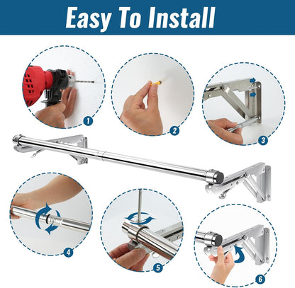Foldable Wall Mounted Clothes Rack-30'' Long Rod&2 Thick Bases,Stainless Steel,Multi-Purpose for Space-Saving Garment Rack/Clothes Drying Rack/Clothes Hanger,Detachable and Top Shelf Room Reserved