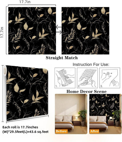 Sage Green and Blue Leaf Peel and Stick Wallpaper Modern Removable Self Adhesive Waterproof Renter Friendly Wall Covering for Bathroom and Accent Walls 17.7in x 88.5in