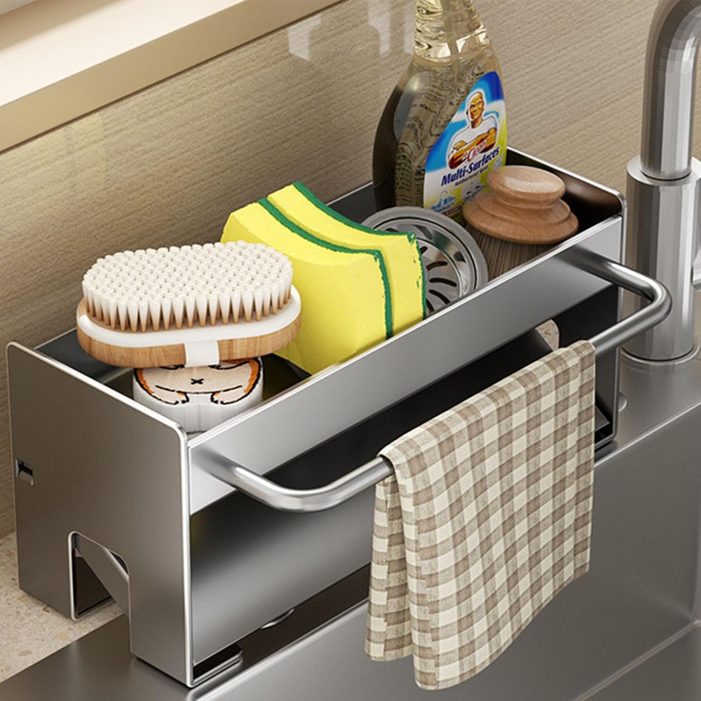 Kitchen Sink Caddy Organizer,Sponge Holder for Kitchen Sink with Drain Board,Stainless Steel