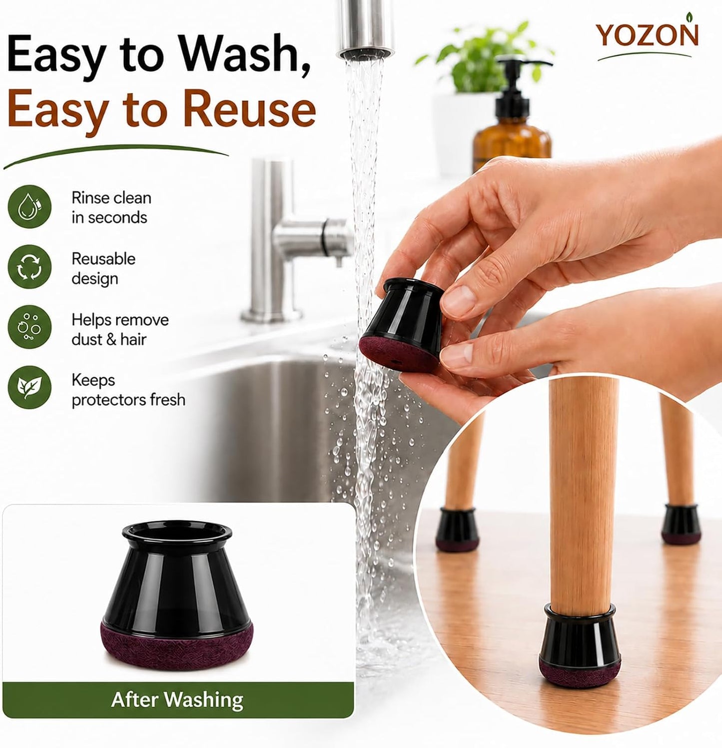 YOZON Chair Leg Floor Protectors Felt Furniture Pads Silicone Caps | Chair Leg Protectors for Hardwood Floors 32 Pack Anti-Scratch Reduce Noise Clear Round Medium Fit 3/4" to 1-3/16" (19-30mm)