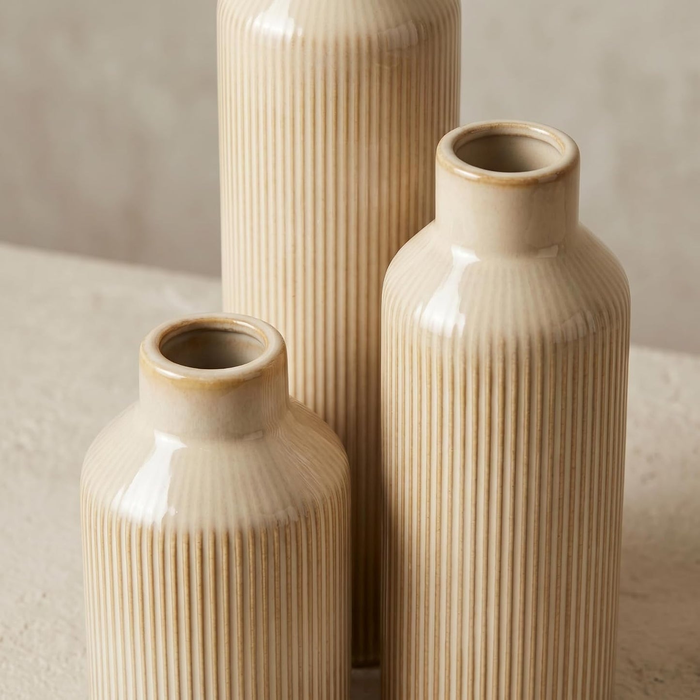 Brown Ceramic Vase Set of 3 - Rustic Farmhouse Vases for Centerpieces Small Modern Decorative Vase for Flower Kitchen Bathroom Bedroom Living Room Shelf Home Decor
