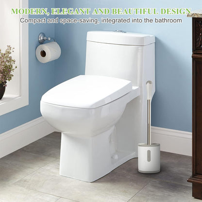 AONEZ Compact Toilet Brush & Holder, Stainless Steel Handle, Space Saving for Storage, Deep Cleaning, Drip-Proof, Easy to Assemble, Nylon Bristles, White & Grey