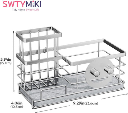 SWTYMIKI Sponge Holder for Kitchen Sink - Sink Caddy with Brush Holder and Stainless Steel Self Drain Tray, Sponge Caddy Organizer with Divider Kitchen Accessories Storage for Countertop, Black