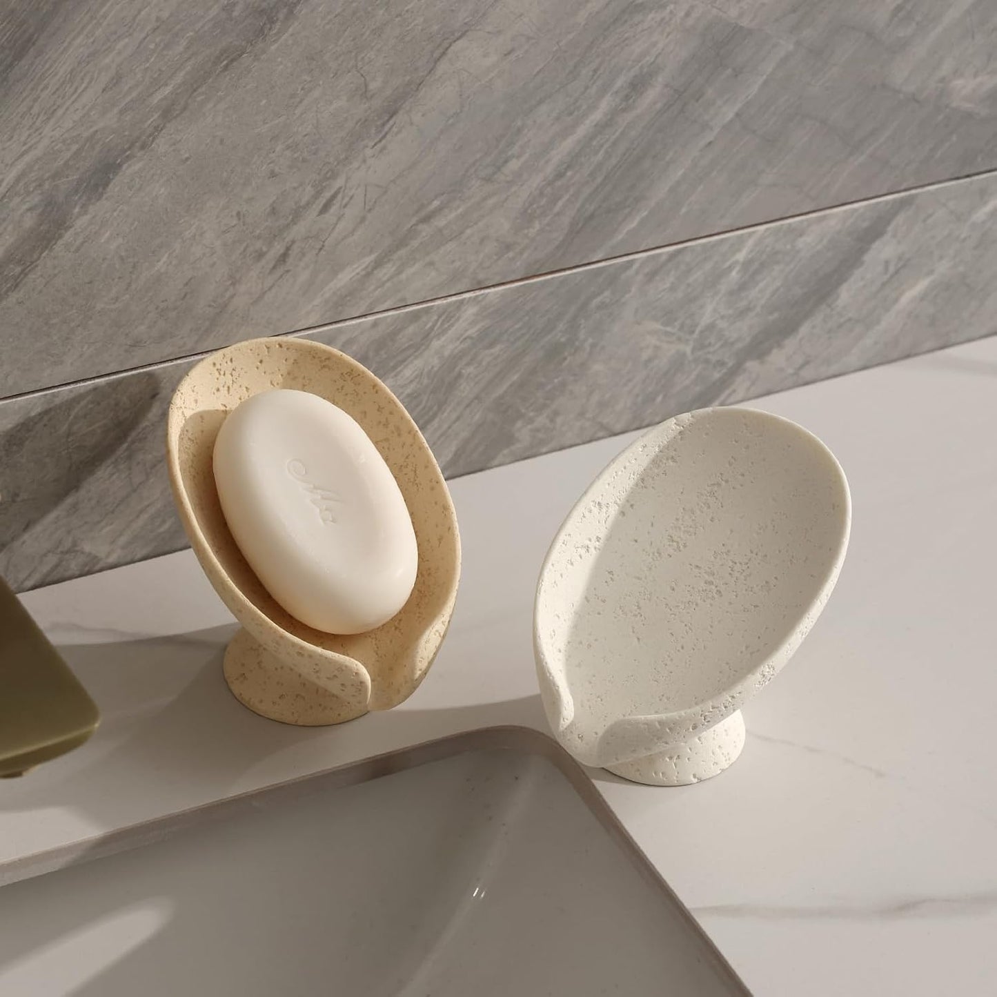 Soap Dish, Bar Soap Holder, Travertine Stone Look, Off White | Self Draining,Sponge Holders Tray for Shower,for Dispenser,Scrubber,Bottle,Cup on Bathroom Kitchen Bathtub Sink or Counter