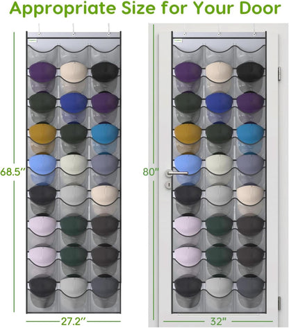 Baseball Hat Rack, 24 Pocket Over-The-Door Hat Organizer with Clear Deep Pockets to Display Baseball Caps Collection, Complete with 3 Over Door Hooks (Black, 24 Pockets)