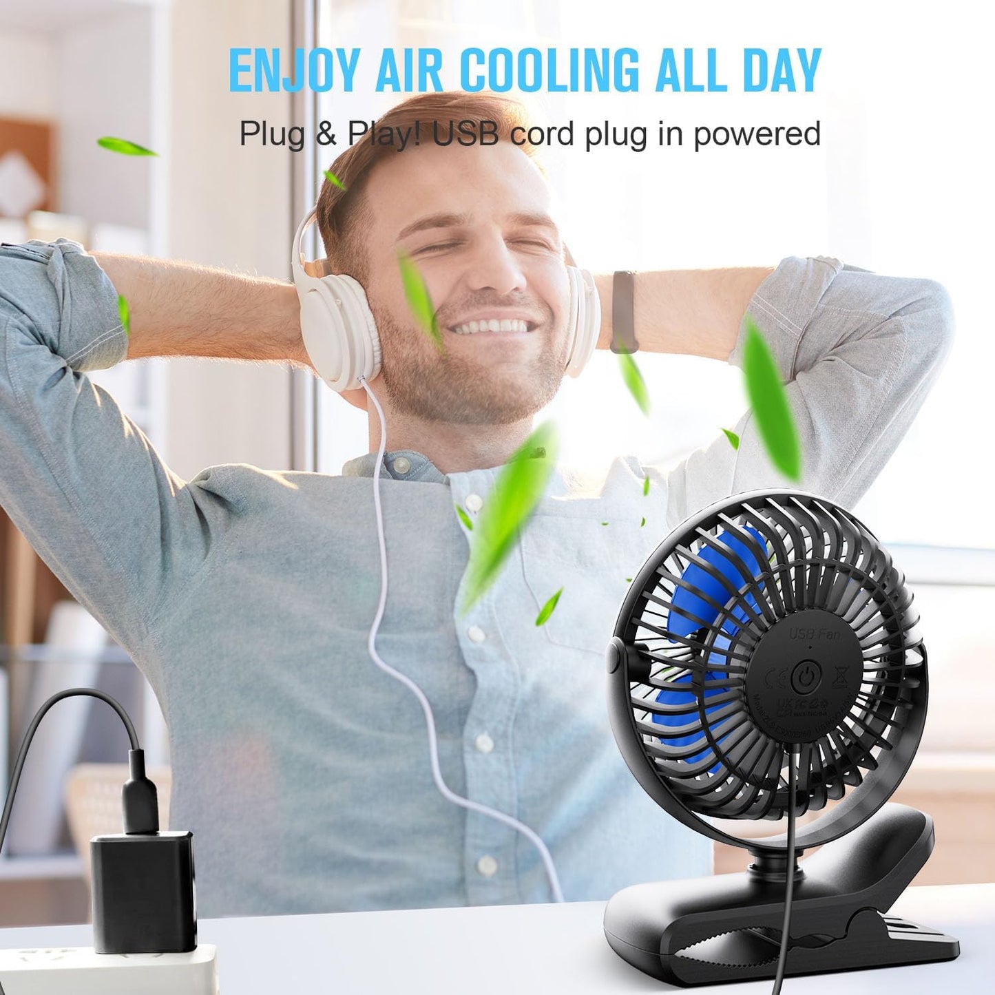 BESKAR Clip on Fan, Portable Small Desk Fans with Strong Airflow, 3 Speeds with Personal Fans Sturdy Clamp, Quiet Desk Fan & Clip Fan with USB Cord Powered - No Battery