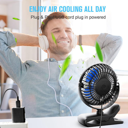 BESKAR Clip on Fan, Portable Small Desk Fans with Strong Airflow, 3 Speeds with Personal Fans Sturdy Clamp, Quiet Desk Fan & Clip Fan with USB Cord Powered - No Battery
