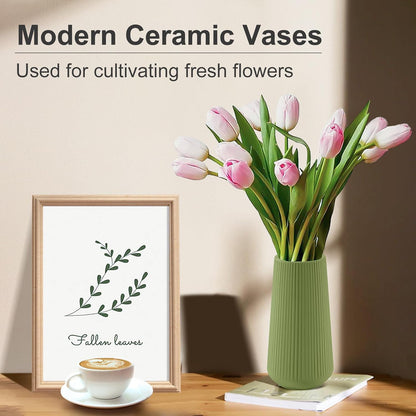 White Ceramic Vase, GUKJOB Small Cute Flower Vase for Pampas Grass, Home, Living Room, Dining Table, Farmhouse, Office Decor, Bedroom, Table, and Kitchen Shelf (White- 2PCS)