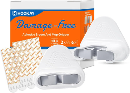 hookay 10lbs Broom and Mop Grippers, Damage-Free Hanging Wall Mount Broom Holder, No Tools Removable Hanging Organizer for home organization, Holds up to 10 lb, 2 Hangers and 6 Adhesive Strips